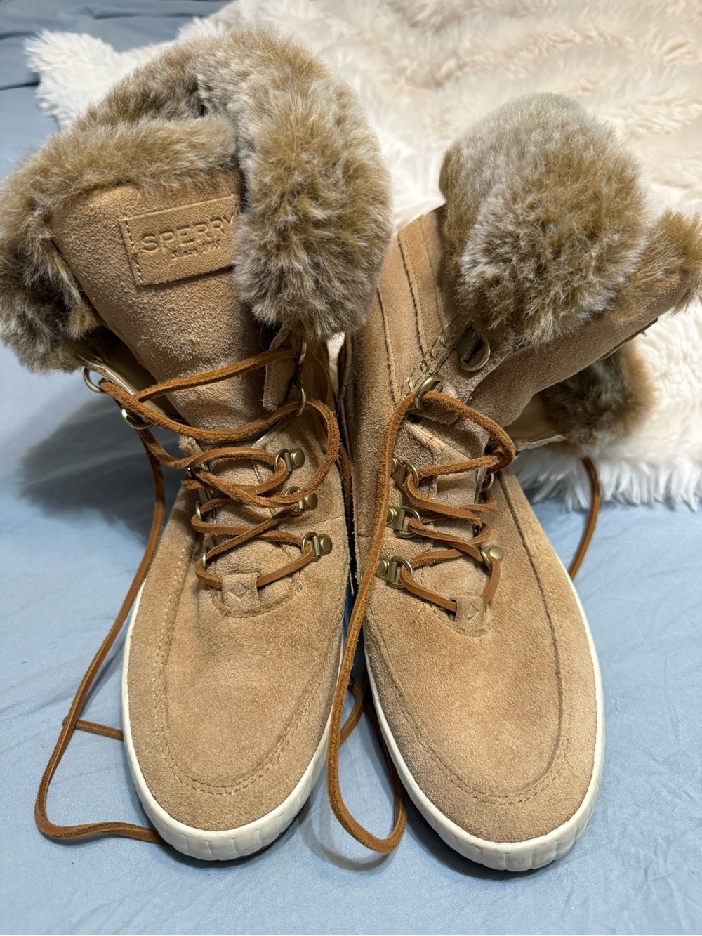 Sperry Tan Suede Faux-Fur Lined Winter Lace-Up Boots